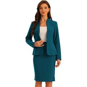 2pcs Business Sets for Women's Collarless Blazer Pencil Skirt Suit Lake Blue